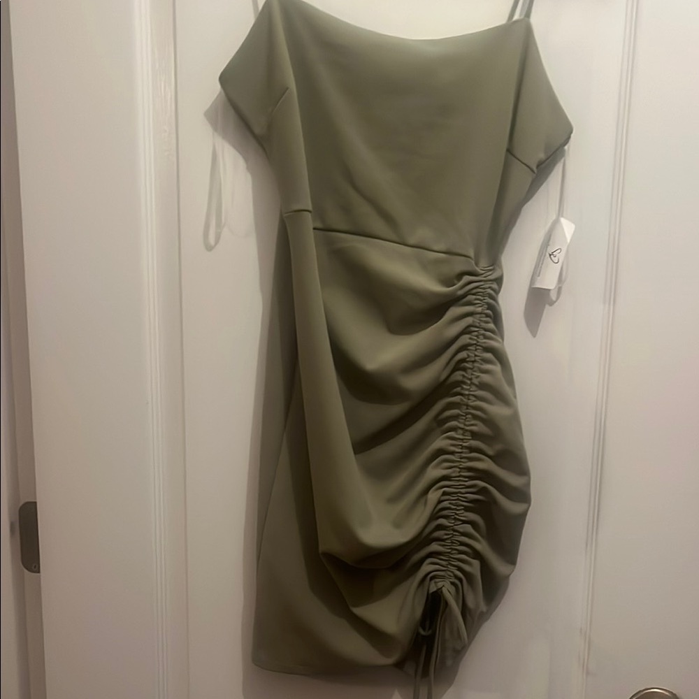 Green Ruched Off the Shoulder Mini Dress